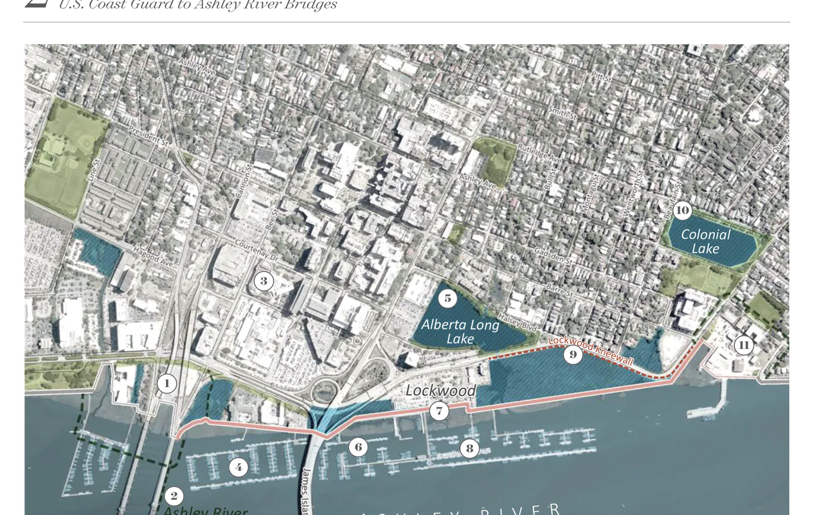 Map of the Lockwood Drive corridor showing the knee wall alignment between the City Marina and Colonial Lake