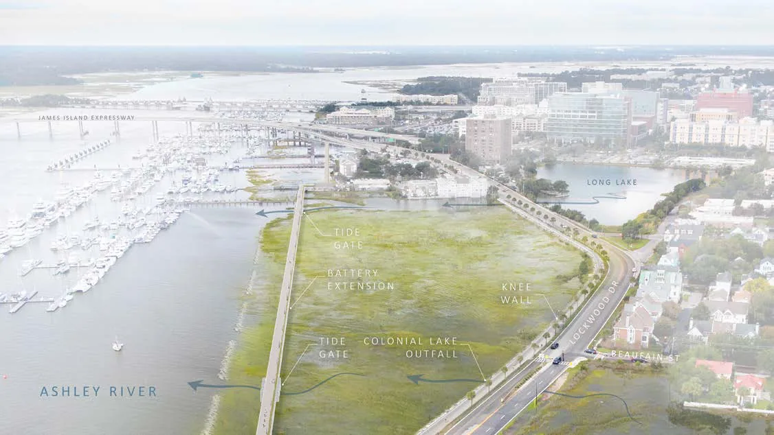 Aerial rendering of the Battery Extension set outboard of Lockwood Drive to create water-storage space